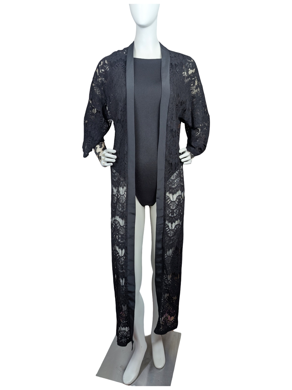 Black Lace Longline Duster Open Front Sheer 3/4 Sleeve Fits M Whimsigoth Alt